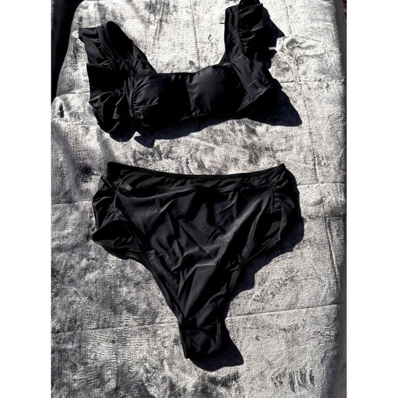 Women's Maternity Black Ruffled Square Neck Bikini Set High Waisted Two-Piece - Picture 2 of 6